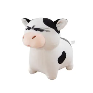 Cute and funny angry cow plush toy with black and white spots, soft stuffed animal pillow