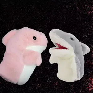 Cute pink and grey shark hand puppets with movable mouths for imaginative play and gifts