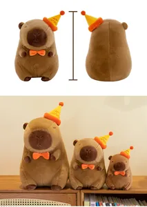 Cute Capybara plush toy with party hat and bow tie shown in different sizes