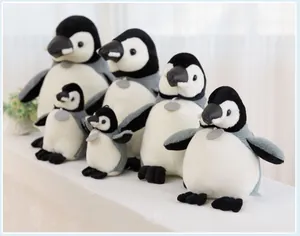 Detailed view of realistic penguin plush toys in various sizes on a white table