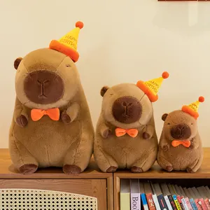 Cute Capybara Plush Toy With Happy Birthday Party Hat And Bow Soft Stuffed Animal Doll Birthday Gift For Girls Kids Room Decor