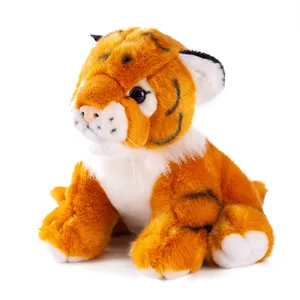 Realistic sitting tiger plush toy with soft orange and white fur and black stripes