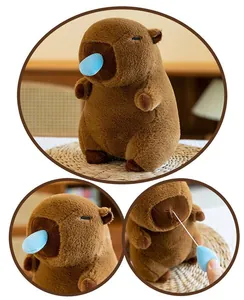 Macro detail of capybara plush toy showing the unique retractable blue bubble feature.