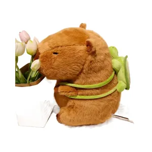 Peluche capybara mignonne avec sac à dos tortue, jouet doux idéal pour les enfants.