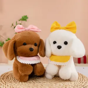 Cute Teddy Bichon Plush Dog Toy Soft Stuffed Animal With Bow And Bib For Girls Soothing Sleep Pillow Decoration Gift