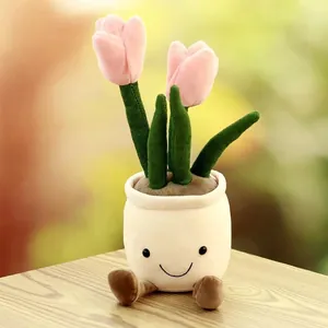 Adorable plush pink tulip flowers in a smiley face pot decoration on wooden surface