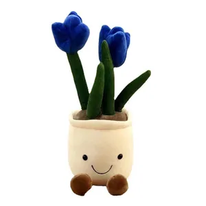 Creative blue tulip plush toy in a smiling pot succulent plant ornament for home decoration