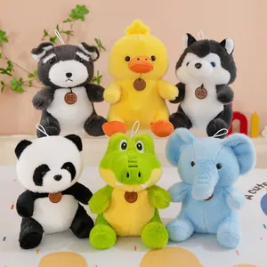 A collection of six colorful animal plush toys including panda, elephant, duck, and crocodile.