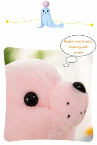 Macro detail of the sparkling crystal eyes and white whiskers of a pink plush seal toy