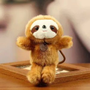 Cute fluffy sloth plush keychain pendant with realistic fur and round fashion tag