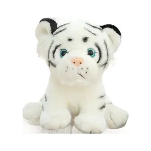 Detailed front view of a cute white tiger plush toy featuring blue eyes and black stripes