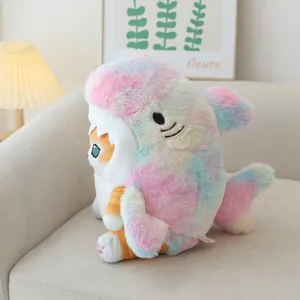 Detailed side view of a colorful tie-dye shark cat plush doll featuring soft rainbow fur