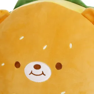 Suave y lindo cojín de peluche con forma de hamburguesa con cara sonriente bordada y sésamo