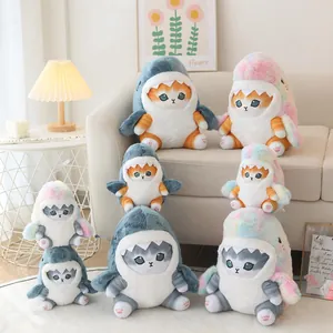 Collection of cute shark cat plush toys in blue and rainbow colors, soft gift ideas