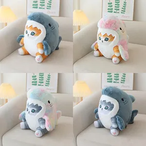 Cute shark cat plush toys collage showing different color variants on a cozy sofa