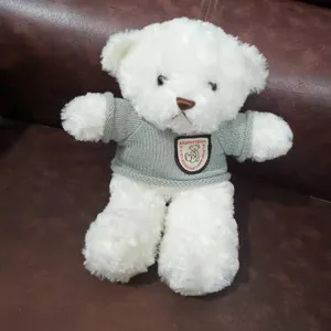 Detailed shot of a plush white teddy bear wearing a cozy green knitted sweater.
