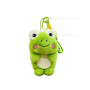 Macro detail of cute green frog plush keychain with soft fur texture and pink cheeks
