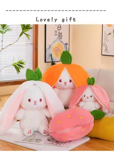 Cute strawberry and carrot transformation plush rabbit toys in a cozy home setting