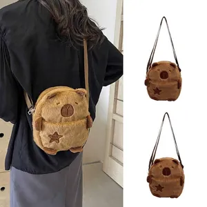 Lindo bolso bandolera de peluche Capybara marrón con piel sintética y correa ajustable