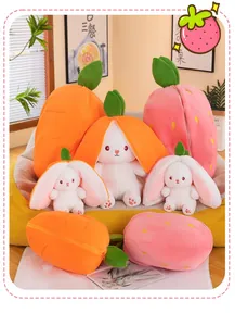 Macro view of plush rabbits hiding inside strawberry and carrot skins in a cozy room