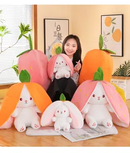 Group of strawberry and carrot themed transforming bunny plush toys in various sizes