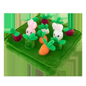 Plush carrot harvest puzzle toy for kids featuring colorful vegetables and bunnies