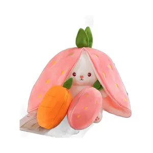 Transforming strawberry rabbit plush toy with carrot and strawberry zip bags