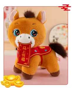 Detailed macro shot of zodiac horse plush mascot wearing a festive red cape and scroll
