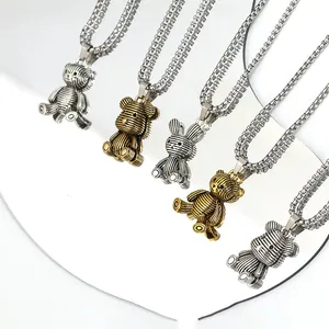 Hip hop style bear and rabbit pendants on titanium steel chains for trendy streetwear look