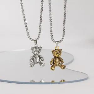 Stylish hip-hop bear pendant necklaces in silver and gold titanium steel for couples