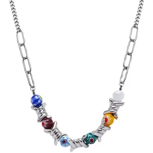 Hip hop style necklace with colorful glass beads and silver barbed wire elements on white background