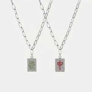 Mahjong Character Square Pendant Necklace Titanium Steel Paperclip Chain Inlaid Rhinestone Zhong Fa Trendy Jewelry For Unisex