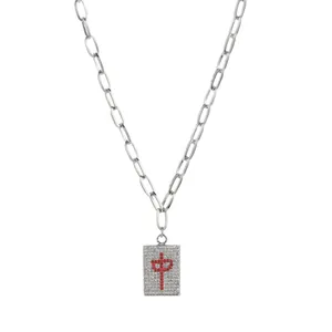 Silver paperclip chain necklace with rhinestone Mahjong tile pendant featuring Zhong character