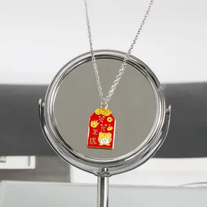 Guochao Halskette aus Titanstahl mit rotem quadratischem Cartoon-Tiger-Anhänger