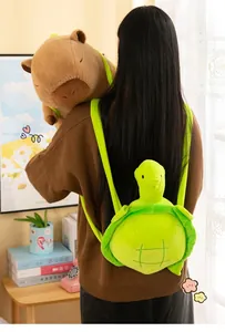 Back view of person carrying a cute brown capybara plush and a green turtle backpack gift.