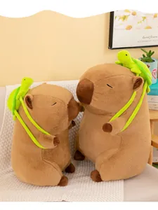 Close-up of cute capybara plush toys wearing green turtle backpacks