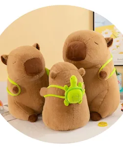 Detailed macro view of cute Capybara plush toys featuring a green turtle backpack.