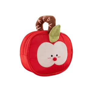 Cute red apple-shaped cosmetic bag with plush embroidery and embroidered Happy handle