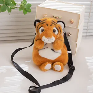 Cute realistic tiger plush crossbody bag with adjustable strap and soft orange fur