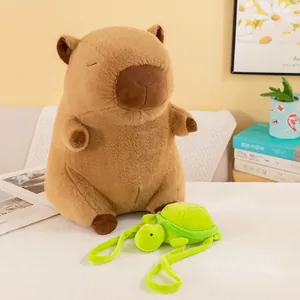 Cute Capybara plush toy with green turtle backpack accessory in cozy home setting