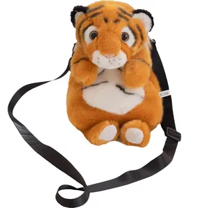 Adorable realistic tiger plush crossbody bag with black adjustable shoulder strap