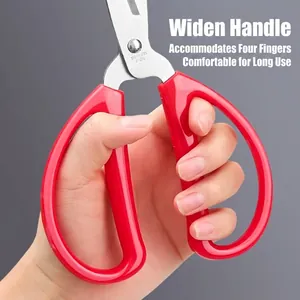 Multi-purpose stainless steel scissors featuring ergonomic wide red comfort handles