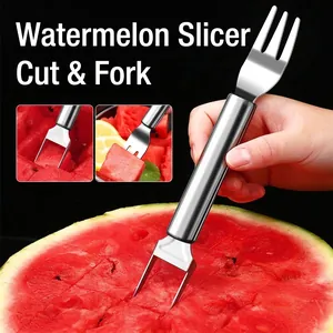 Stainless Steel Double-Headed Watermelon Slicer Fork 2-in-1 Fruit Cutter Dicer Portable Fruit Salad Tool For Home Kitchen Picnic