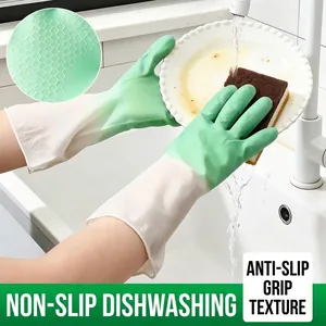 Gants de Ménage en PVC Imperméables Texture Nid d'Abeille Antidérapante Bicolore Vaisselle Lessive Poignets Longs Gants de Travail de Cuisine Réutilisables