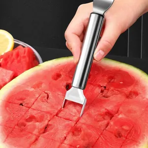Professional stainless steel watermelon slicer and fork 2-in-1 tool for fruit cubes