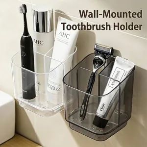 Modern wall-mounted divided toothbrush and razor holder with no-drill adhesive design