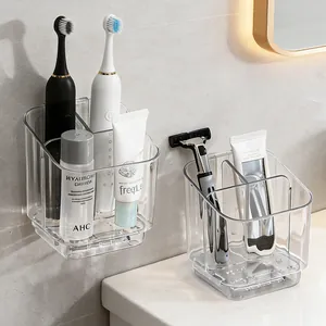 Transparent wall-mounted bathroom organizer set for toothbrushes, toothpaste and razors