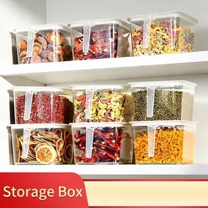 Transparent plastic food storage containers with handles for kitchen pantry organization
