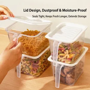 Food grade clear plastic kitchen storage containers with white lids and handles