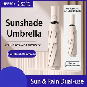 Ombrello pieghevole automatico rinforzato a 16 stecche per sole e pioggia in beige elegante